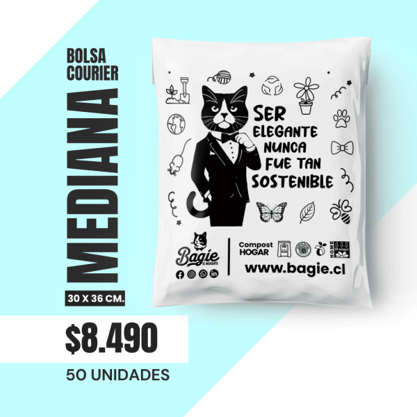 Bolsa courier compostable Bagie 30x36 cm, pack de 50 unidades, ideal para envíos medianos