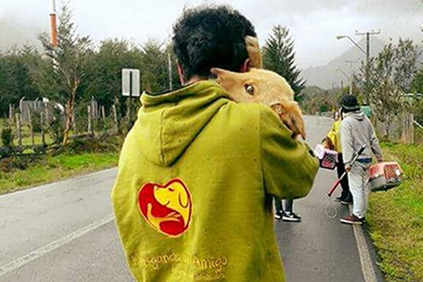 Voluntario de Albergando un Amigo con un perro rescatado