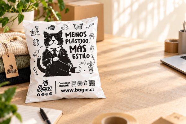 Bolsa courier compostable Bagie sobre un escritorio, alternativa a las bolsas de plástico