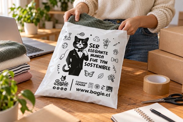 Persona empacando un sweater en una bolsa courier compostable Bagie