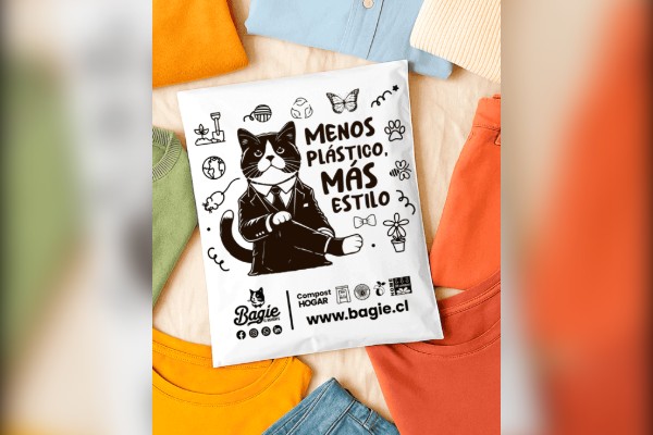 Bolsa courier compostable Bagie con diseño de marca sobre ropa, ejemplo de bolsas courier personalizadas