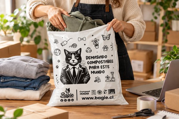 Emprendedora empacando un polerón en una bolsa courier compostable Bagie